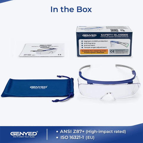 Chill Safety Glasses That Slide Smooth Over Prescription Frames Ansi Certified Anti Fog Scratch Proof Lenses in packaging with accessories.