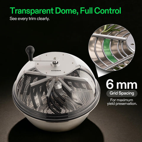 19 Inch Bud Leaf Bowl Trimmer With Clear Visibility Dome, Sharp Stainless Steel Blades For Spin Cut, ergonomic handle shown