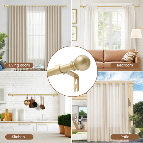 Gold Curtain Rod For Windows 28 To 48 Inch Five Eighths Inch Diameter Heavy Duty Splicing Adjustable Rod With Brackets Easy To Install For Bedroom Patio And Outdoor Use displayed in living room, kitchen, and patio