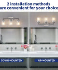 Two installation methods of Three Light Brushed Nickel Vanity Light With Frosted Glass Shades, shown over a mirror in a bathroom.
