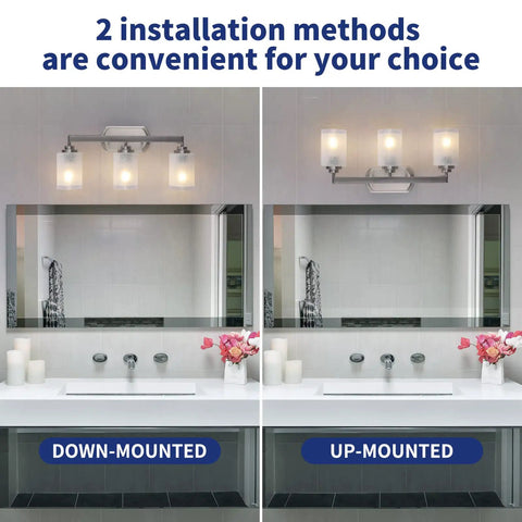 Two installation methods of Three Light Brushed Nickel Vanity Light With Frosted Glass Shades, shown over a mirror in a bathroom.