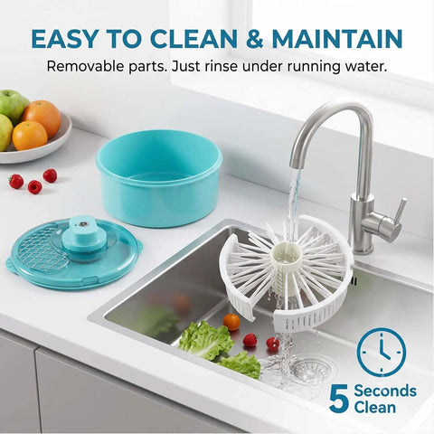 Electric Salad Spinner And Produce Washer To Wash And Spin Dry Leafy Greens Berries Or Fresh Veggies Fast With A Steady Non Slip Base That Makes Kitchen Cooking And Cleanup Totally Hassle Free In Blue with sink, lettuce, and removable parts.