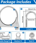 Package contents for 2.5 Inch U-Bolt Exhaust Clamp Saddle Style For Muffler Piping, including nuts, washers, and saddle flanges.