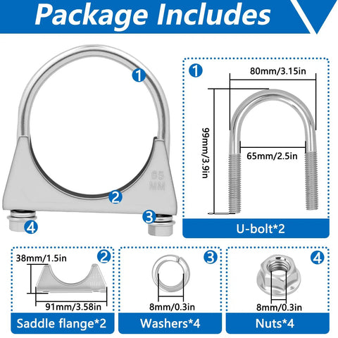 Package contents for 2.5 Inch U-Bolt Exhaust Clamp Saddle Style For Muffler Piping, including nuts, washers, and saddle flanges.