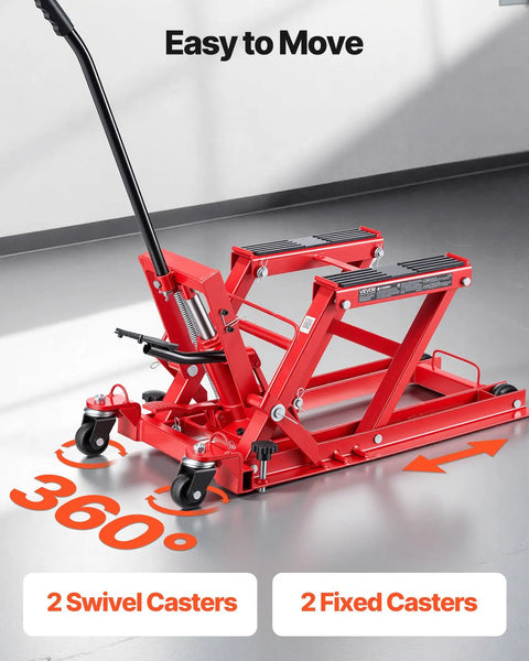 Hydraulic Motorcycle Lift Jack With 1500 Lbs Capacity, Portable ATV And Dirt Bike Hoist Stand With Four Wheels, Height Range 4.5 To 15.2 Inches, Foot Operated Hydraulic Lift For Easy Bike Maintenance