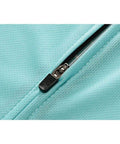 Close-up of a turquoise fabric zipper on a garment, with textured material and silver zipper teeth visible.