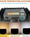 Dusk To Dawn Outdoor 100W LED Flood Light With Knuckle Mount showing selectable color temperature options 3000K, 4000K, 5000K