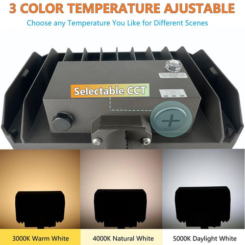 Dusk To Dawn Outdoor 100W LED Flood Light With Knuckle Mount showing selectable color temperature options 3000K, 4000K, 5000K