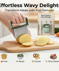 Front view of a green 3-in-1 vegetable slicer with stainless steel blades; crinkle-cut potato slices on a wooden board; storage rack inset.