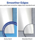 Avery smooth-edge glossy postcard sample on left; standard rough-edge postcard on right.