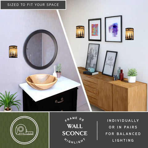 Rustic Tree Sconce Wall Light With Amber Flake Glass in a bathroom and hallway, burnished bronze finish, weather-resistant steel.