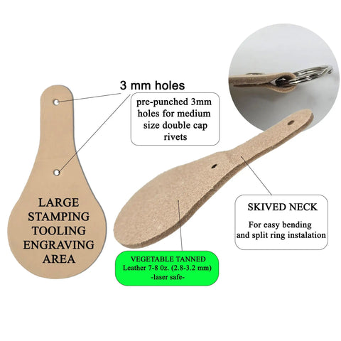 Fresh Veg Tan Leather Key Fobs In A Ten Pack With Pre Assembled Hardware showing large stamping area and pre-punched holes.