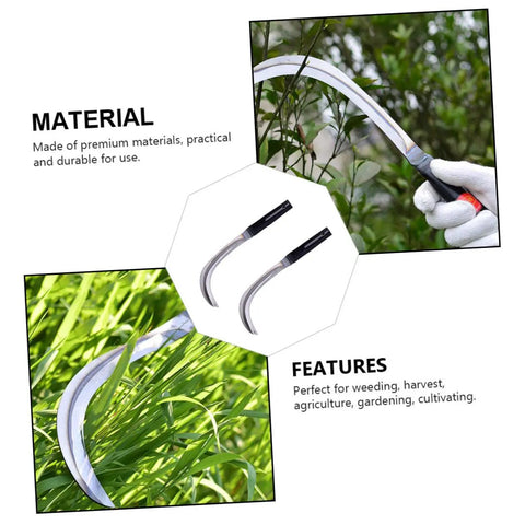 Two Piece Reaping Hook Set For Gardening And Harvesting, rustproof steel tool, ergonomic handle, shown with green plants