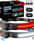 Rechargeable Headlamp Flashlight With Carry Case For Outdoors shown with accessories and packaging, featuring red and white LED beams.