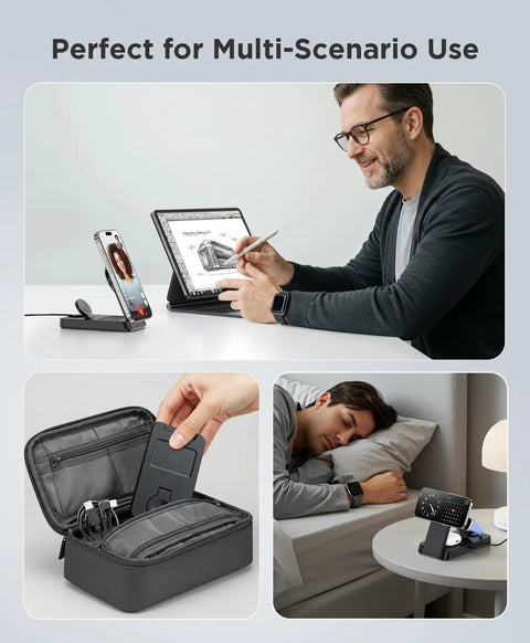 Man using 3 In 1 Magnetic Wireless Charger for iPhone MagSafe Apple Watch and AirPods in office and travel setup