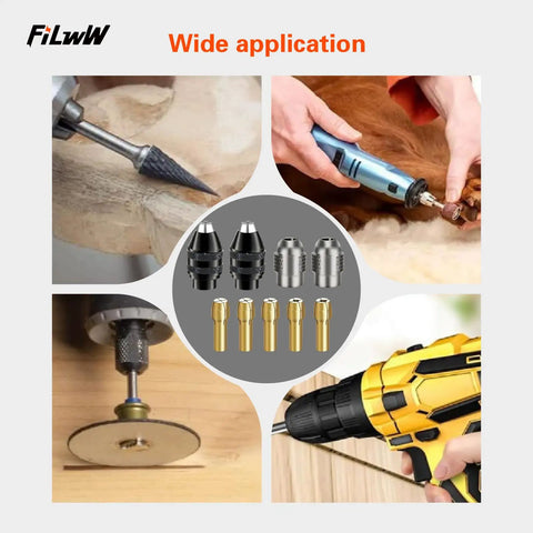 Sixteen Piece Drill Chuck Collet Set For Rotary Tools 0.8 To 3.2 Millimeter Range Replacement 4486 Keyless Kit in use on wood and metal
