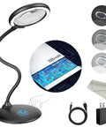 5X Rechargeable Magnifying Glass With Light And Stand featuring flexible gooseneck, dimmable LED, charging cable, and 2000mAh battery