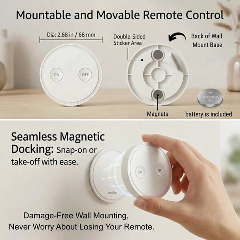 Mini Remote Control Outlet Plug Adapter With 656ft Range Wireless Light Switch showing magnetic wall mount and removable remote