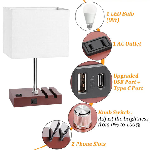 Diagram of fully dimmable bedside lamp with USB charging station and built-in outlet, features bulb, ports, and phone slots.