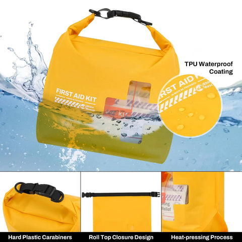Waterproof Boat First Aid Kit With Lightweight Dry Bag For Kayak And Outdoor Adventures in yellow submerged in water