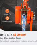 VEVOR manual lever chain hoist, front view, 3 ton capacity, orange housing, 360° swivel hook