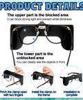 Clip On View Limiting Device For Pilot Training With Cloud Over Visor Shields Includes Soft Case And Glasses Bag One Piece Set Durable Plastic Construction To Block Cockpit Peeking featuring installation steps and visibility details.