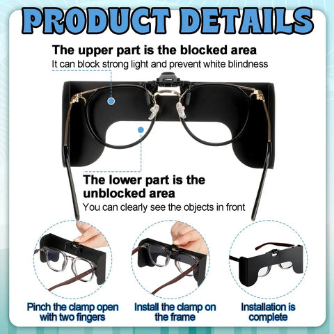 Clip On View Limiting Device For Pilot Training With Cloud Over Visor Shields Includes Soft Case And Glasses Bag One Piece Set Durable Plastic Construction To Block Cockpit Peeking featuring installation steps and visibility details.