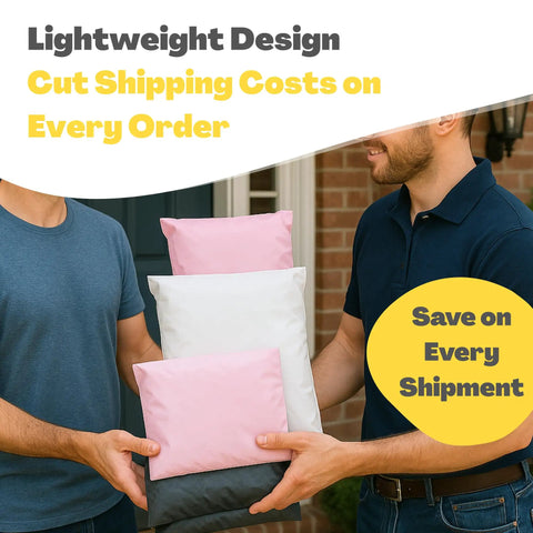 Two men holding colorful poly mailers; focus on 30 Pack Poly Mailers For Clothes With Label Pouch 8x12 10x14 12x16 Self Seal Packing Bags