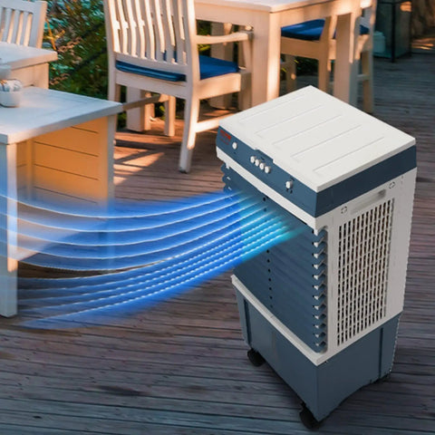 Evaporative Air Cooler 1400 CFM 11 X 31 Inch Portable Swamp Cooler With 3 Speeds on a patio, blue airflow display