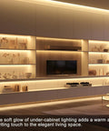 6-Lights LED Recessed Lighting Wall Panel Lights,Self-Adhesive Wood Slat Wall Panel Strip Light,4000K Touchable Switch Dimmable LED Aluminum Channel lamp,Under Cabinet Light(39in+31.5in+23.6in) illuminating a modern living space.
