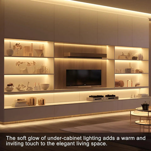 6-Lights LED Recessed Lighting Wall Panel Lights,Self-Adhesive Wood Slat Wall Panel Strip Light,4000K Touchable Switch Dimmable LED Aluminum Channel lamp,Under Cabinet Light(39in+31.5in+23.6in) illuminating a modern living space.