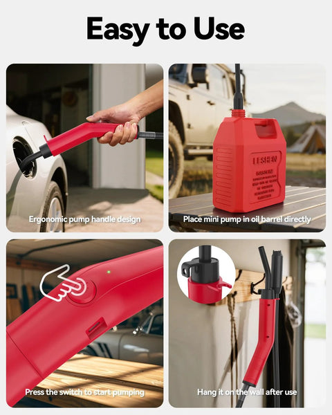 Leshein fuel transfer pump, red USB-rechargeable electric siphon with hose for gasoline, diesel, or water.