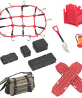 Expedition Ready Off Road RC Rig Gear Kit For 1/18 TRX4M And 1/24 SCX24 items including luggage net and ARB bag.