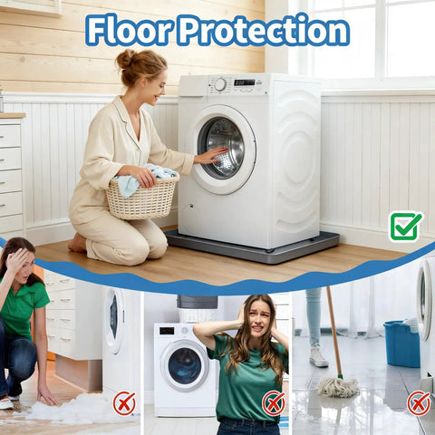 Woman using Heavy Duty 27x27 Inch Washing Machine Drain Pan Drip Tray Leak Proof Silicone Non Slip Waterproof Drip Mat Floor Protector For Washer Dryer Laundry Room Refrigerator Grey