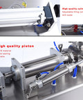 Close-up of stainless steel components of Heavy Workhorse Commercial Grade Automatic Horizontal Bottle Filler Pneumatic Piston Dispenser.