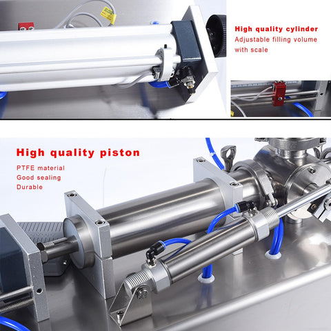Close-up of stainless steel components of Heavy Workhorse Commercial Grade Automatic Horizontal Bottle Filler Pneumatic Piston Dispenser.