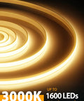 COB LED Strip Lights Pro 16.4Ft Warm White Dimmable Self Adhesive glowing in spiral, 3000K silicone neon tape.