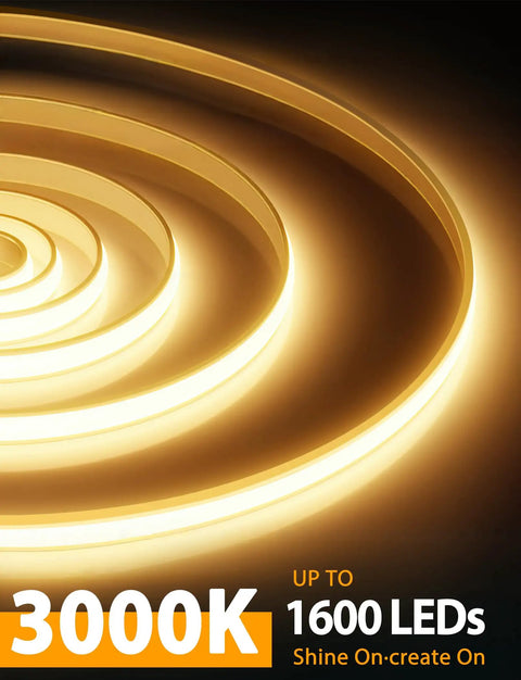 COB LED Strip Lights Pro 16.4Ft Warm White Dimmable Self Adhesive glowing in spiral, 3000K silicone neon tape.
