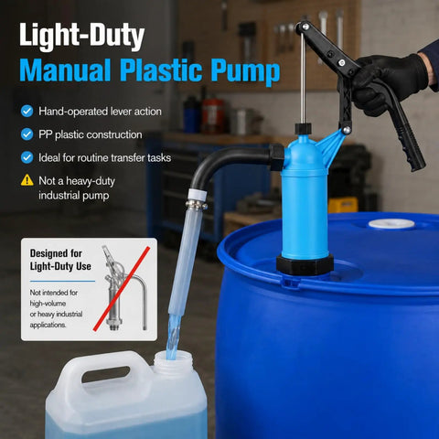 Heavy Duty 55 Gallon Drum Pump With Ergonomic Lever Handle For Moving Motor Oil Diesel Fuel Water Alcohol Kerosene And Gear Oil Fast Flow Rate Includes Built In Filter Keeps Grime Out Smooth Work Makes Pumping A Breeze Shop Use in action with blue plastic construction and water transfer.