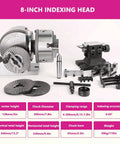 Workhorse Rotary Indexing Head With Three Jaw Chuck And Separate Tailstock For No Sweat Alignment During Precision Milling Drilling Tasks Eight Inch Version with accessories and specifications displayed.