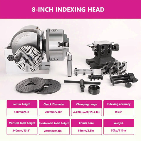 Workhorse Rotary Indexing Head With Three Jaw Chuck And Separate Tailstock For No Sweat Alignment During Precision Milling Drilling Tasks Eight Inch Version with accessories and specifications displayed.