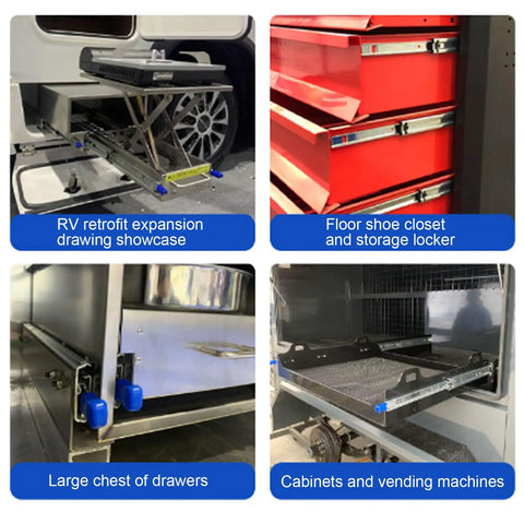 Rugged Three Fold Full Extension Drawer Slides Side Mount 400mm Ball Bearing Runners in various applications, zinc-plated steel.