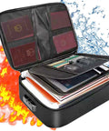 Fireproof File Organizer Bag With Lock Water Resistant Document Safe showing compartments with passports and documents.