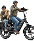 Family Cargo Ebike With Built In Child Seat And Rear Guardrail, 1500W Peak Motor, 20 Inch Fat Tires, Removable 48V 15Ah Battery, Dual Hydraulic Brakes, LCD And App Control, 7 Speed Step Through Electric Bicycle For Everyday Family Adventures showing adult and child with dog