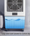Portable Evaporative Air Cooler With Built In Timer And Freezable Ice Packs, 3 Speed Windowless Air Conditioner For Homes And Offices That Slays The Summer Heat Without A Doubt showing large water tank and caster wheels.