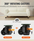 Four Pack Heavy Duty Leveling Casters With Smooth Roller Swivel Wheels And Quick Twist Height Adjustment Handles For Big Time Workshop Stability Plus Rubber Floor Savvy Workbench Pads showing 360° swivel casters with locking feature.