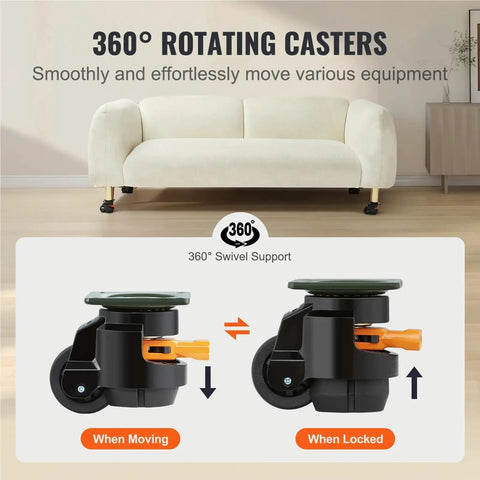 Four Pack Heavy Duty Leveling Casters With Smooth Roller Swivel Wheels And Quick Twist Height Adjustment Handles For Big Time Workshop Stability Plus Rubber Floor Savvy Workbench Pads showing 360° swivel casters with locking feature.