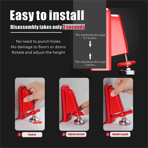 Installation of a red Portable Door Jammer Lock For Travel Security And Home Safety Anti Theft Prevention This Lockdown Door Stop Stops BreakIns