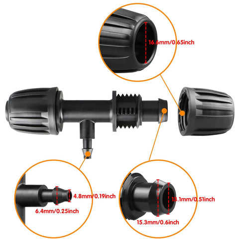 Detailed view of connector from 1/2 Inch Drip Irrigation Fittings Kit, 20 Piece DIY Set For Barbed Tees End Caps Valves Elbows Reducing Tees