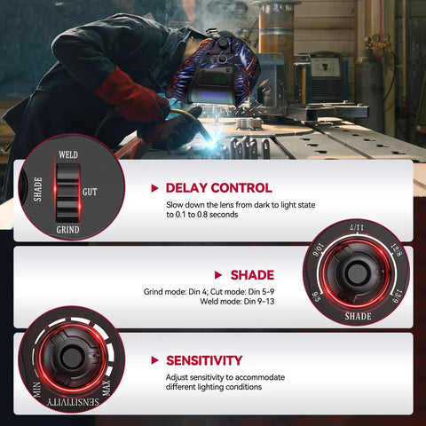 Person welding wearing Auto Darkening Welding Helmet With 180 Degree Panoramic View And Side View True Color Lens Four Arc Sensors